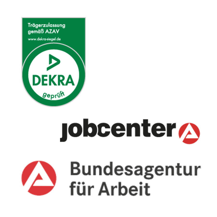 Bildungsgutscheine Logos der Agentur für Arbeit, dem Jobcenter und der Traegerzulassung der Dekra